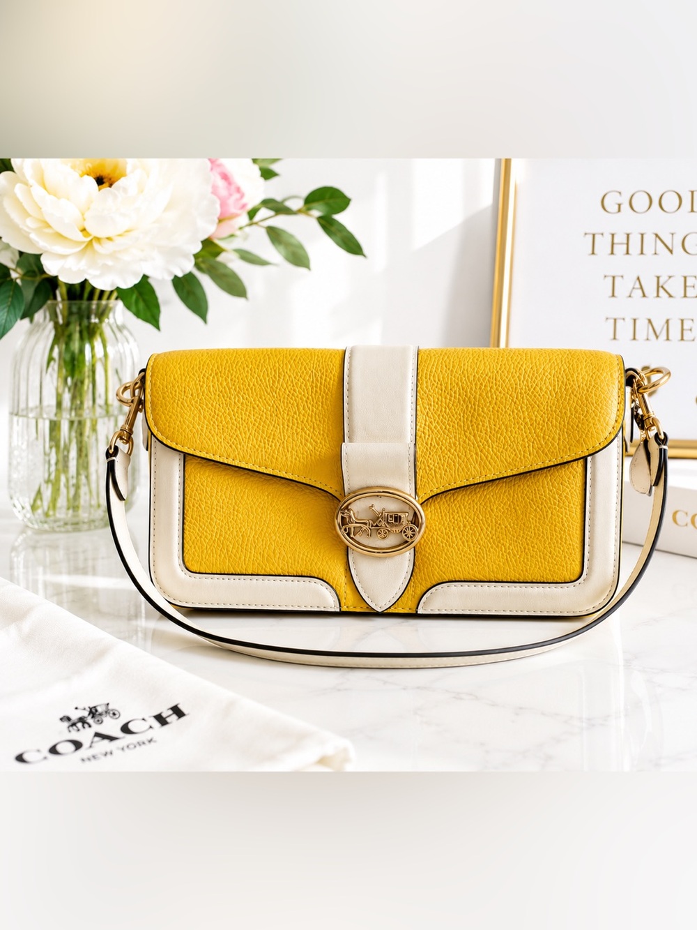 Coach Yellow Chalk Pebbled Leather Crossbody Shoulder Bag Gold Hardware
